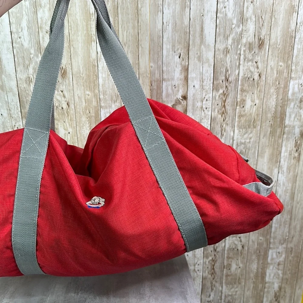 American tourister Red Duffel Bag with Gray Straps 1970s Vintage